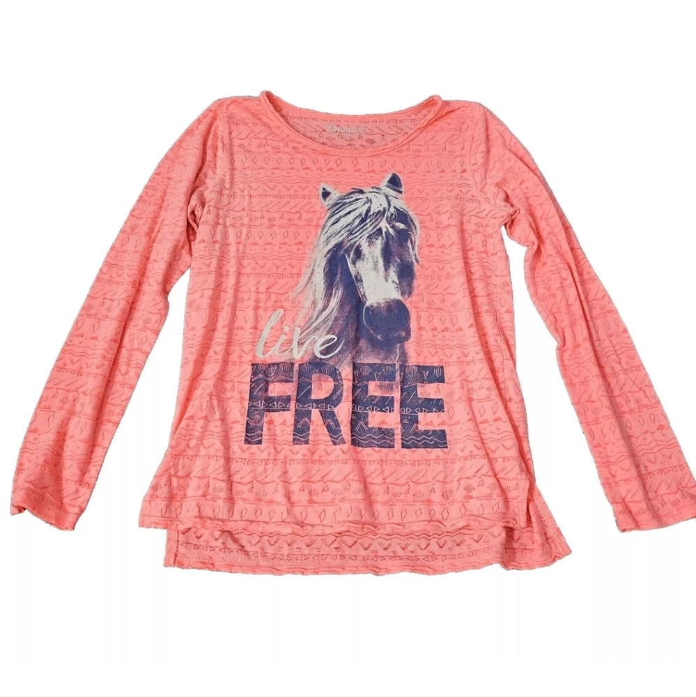 Mudd Girl's Juniors Long Sleeve Neon Pink Top Shirt Horse Size 16 Cotton Blend